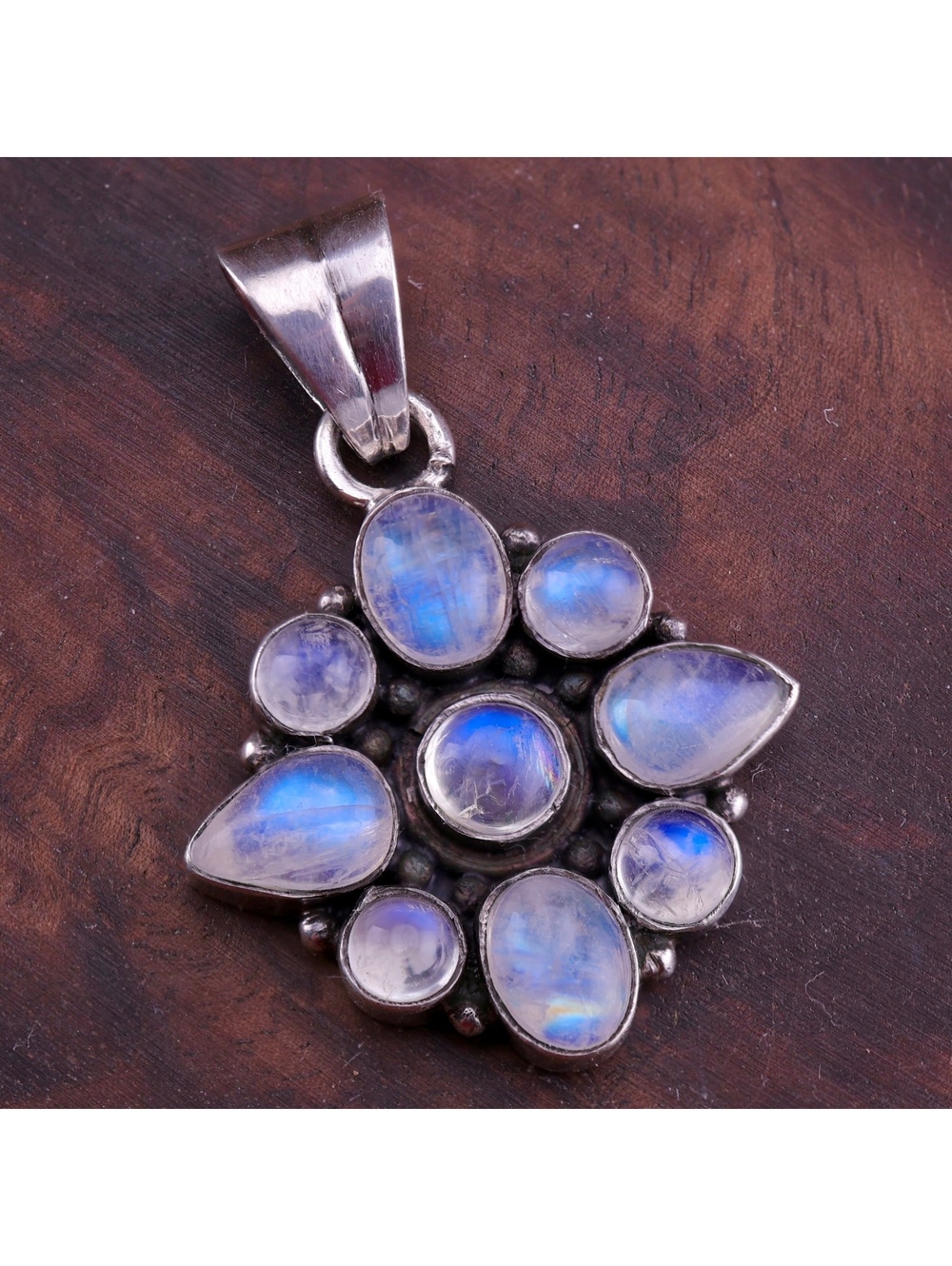 Vintage Artisan Sterling Silver Rainbow Moonstone Cluster Flower Pendant 1.5"